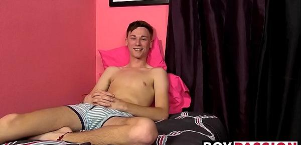  Skinny gay youngster play with his balls while wanking off